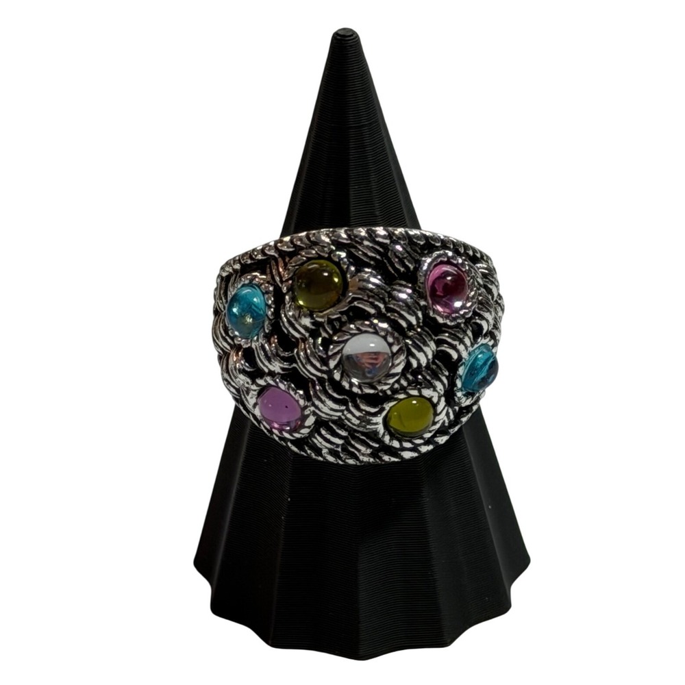 DaVinci Signed Multi Color Cabochon Statement Ring Silver Tone Textured Size 7.5
